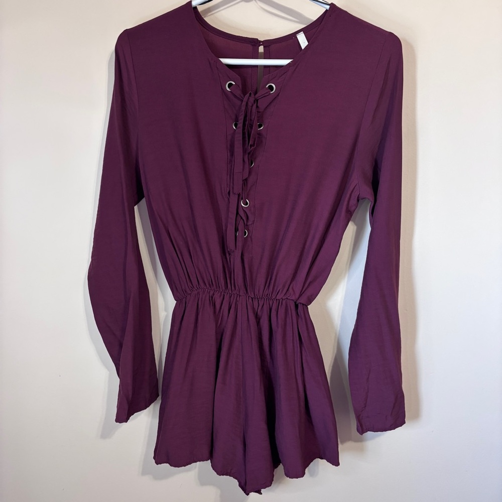 Sage Burgundy/Wine Women’s Long Sleeve Romper Tie-Up Detail One-Piece Summer